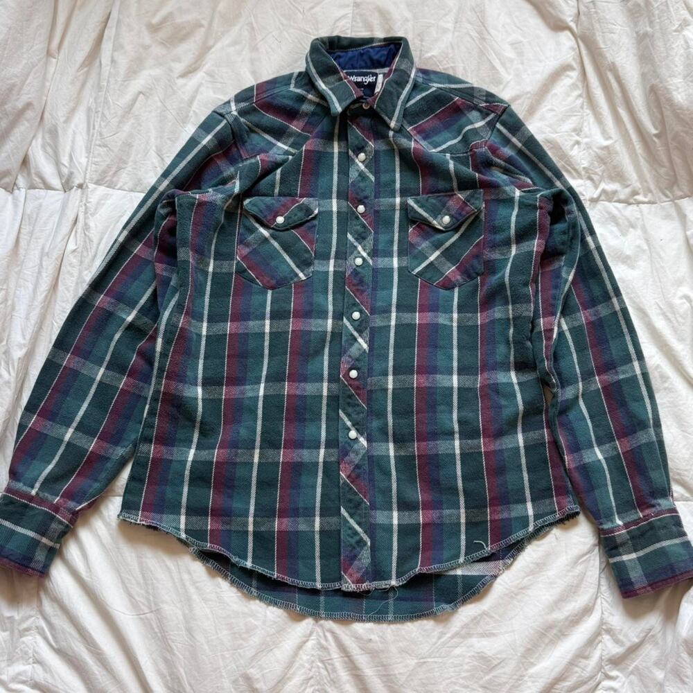 Vintage wrangler plaid pearl snap flannel heavyweight shirt XL cotton‎ heritage